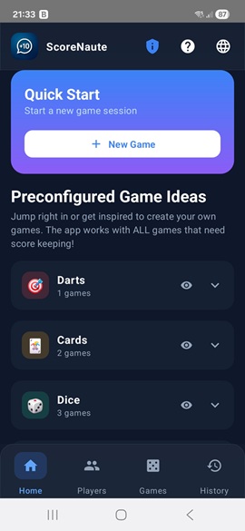 ScoreNaute Home Screen